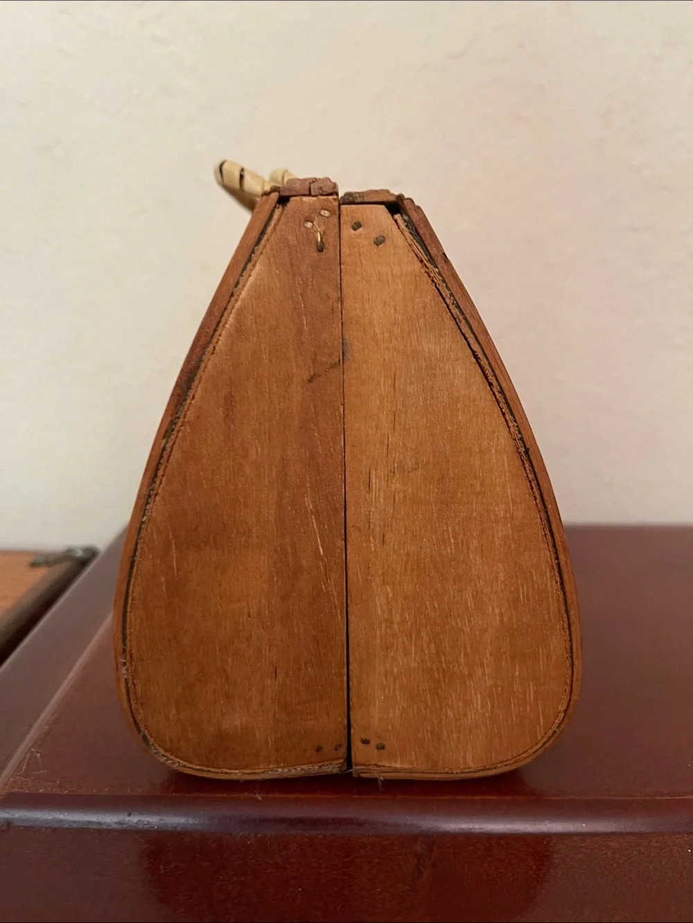 Vintage Wooden Box Purse Mid Century Embossed Leatherette Carved Frame Handbag